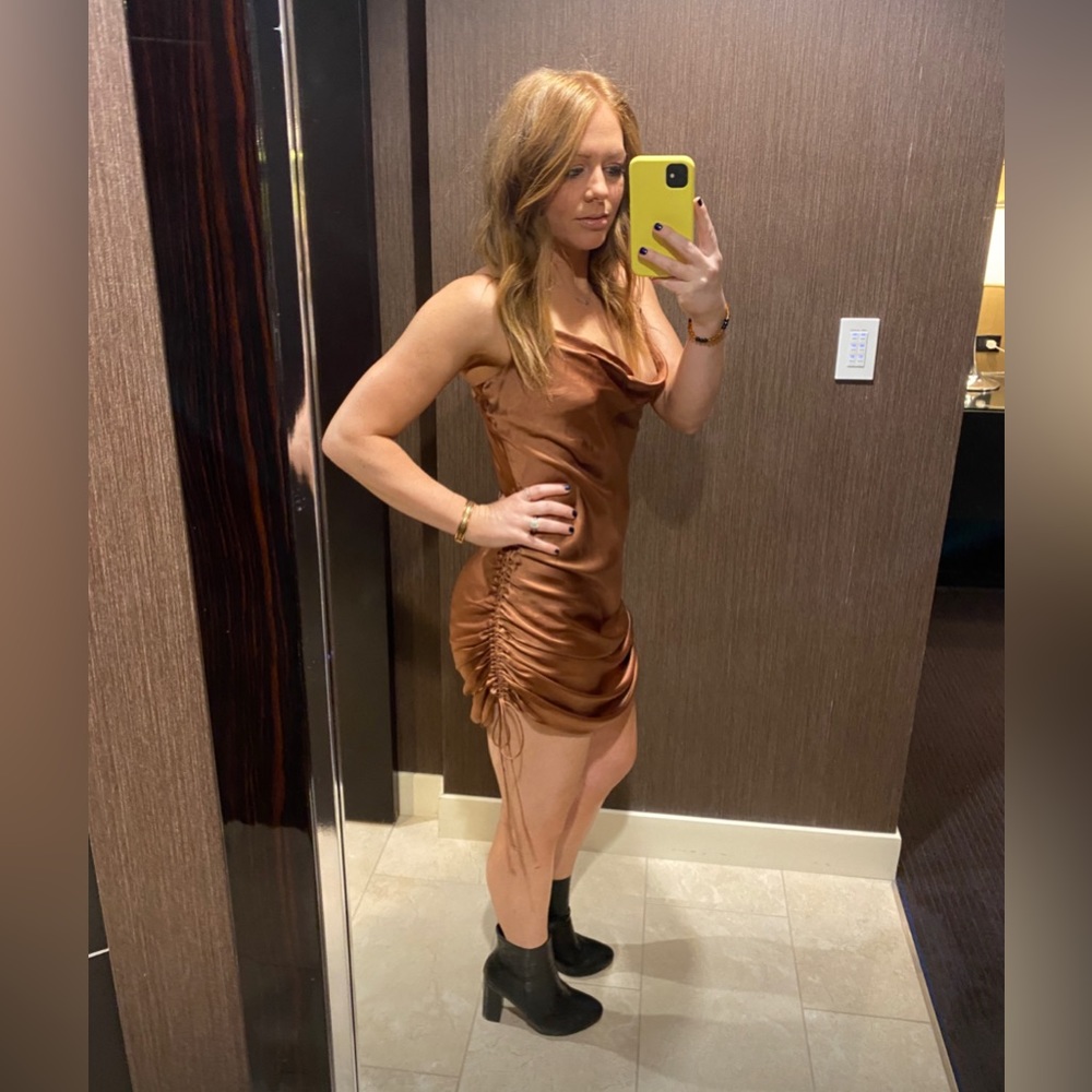 WILFRED only ruched slip dress, size small, terrazzo brown